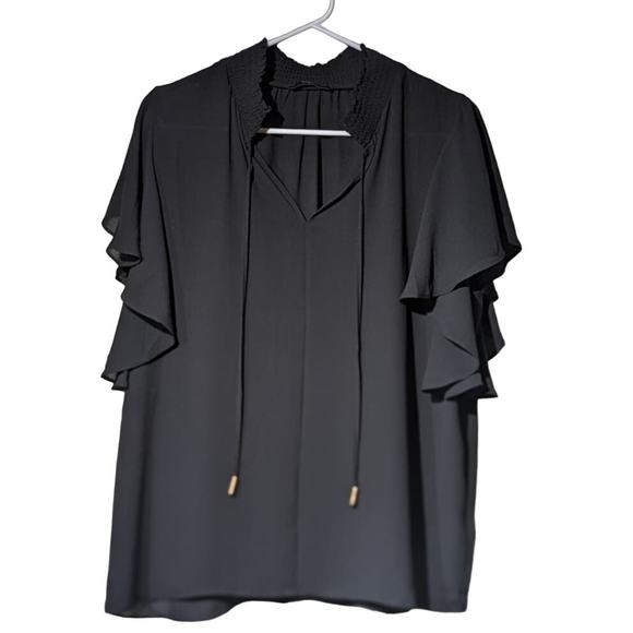 T Tahari Black Flutter Sleeve Smock Neck Tie Front Blouse Womens Sz L - Picture 1 of 12
